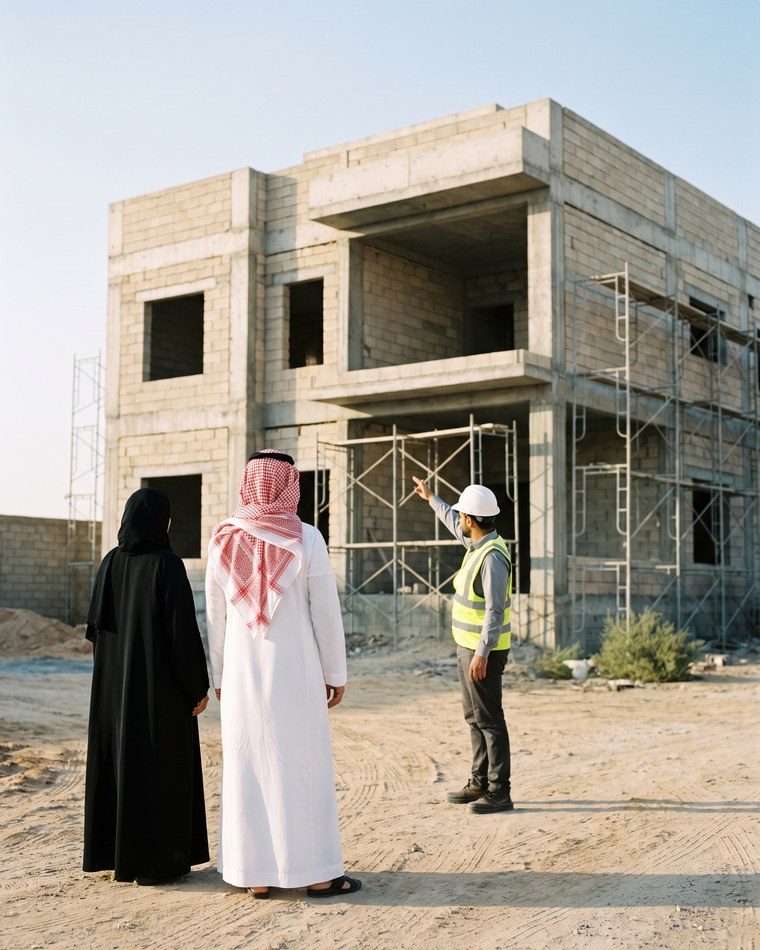 زوجان سعوديان مع مهندس الموقع أمام فيلا قيد البناء